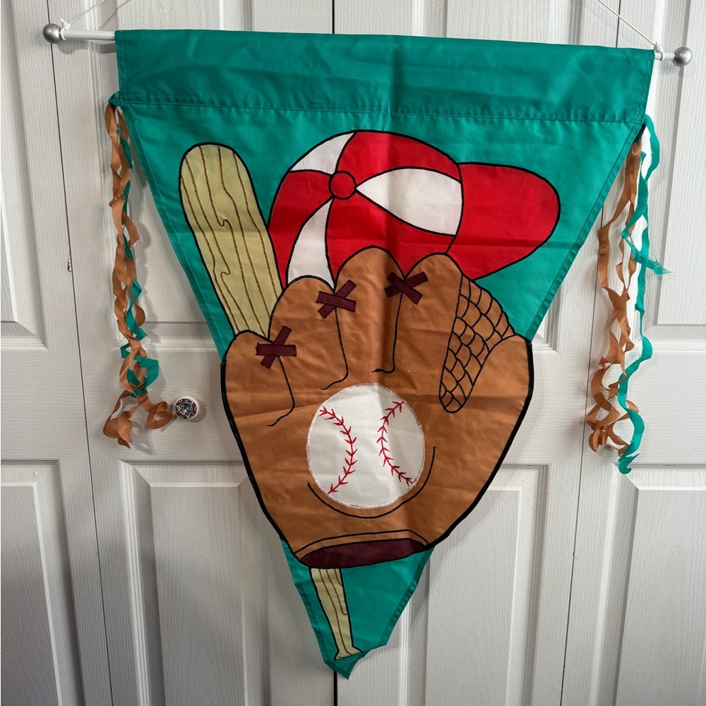 Vintage baseball glove hat bat nylon flag
